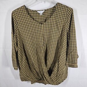 CJ Banks Women's 1X Plaid Twist Front Top Yellow Black Long Sleeve